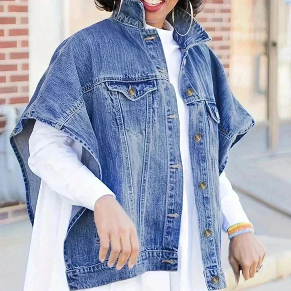 Blue Sexy Women's Pure Color Wash Button Short Sleeve Slim-Fitting Jeans Blouse - Picture 2 of 4